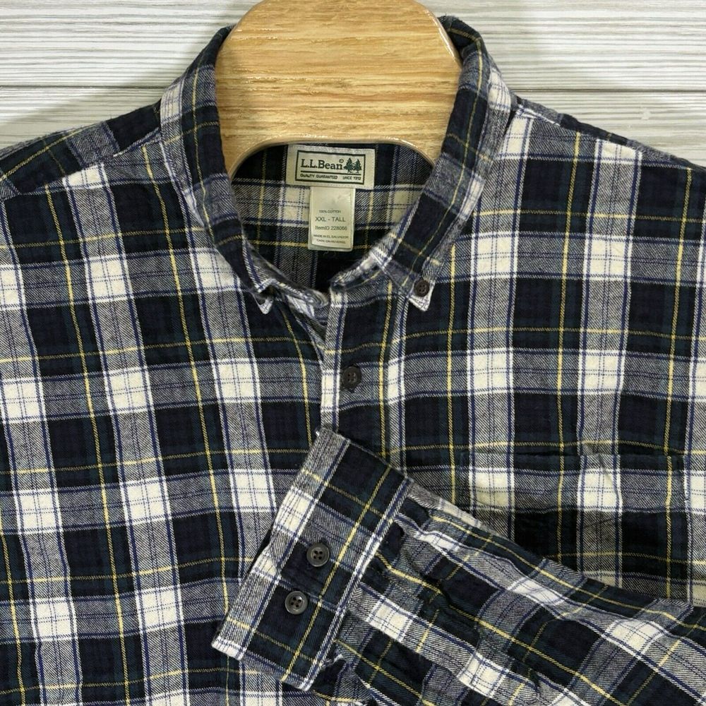 LL Bean Mens Plaid Flannel Long Sleeve Button Down Shirt Navy Yellow Sz 2XLTall